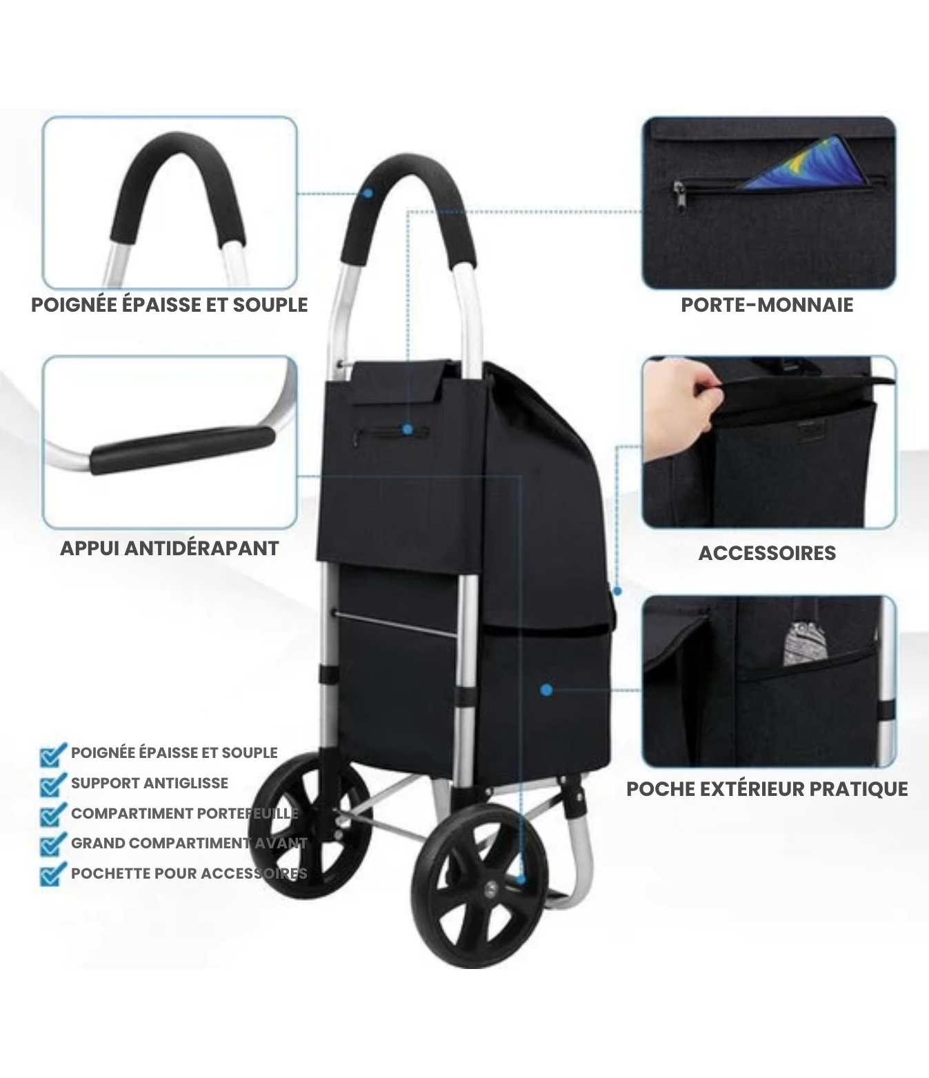 Chariot de courses - Strex - Pliable et à roulettes - Sac imperméable 45 L - Noir