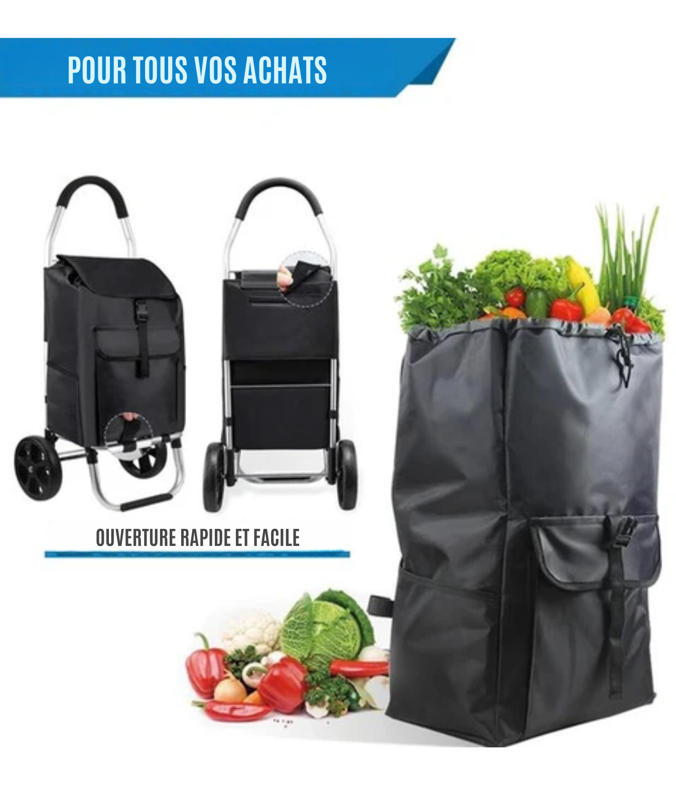 Chariot de courses - Strex - Pliable et à roulettes - Sac imperméable 45 L - Noir