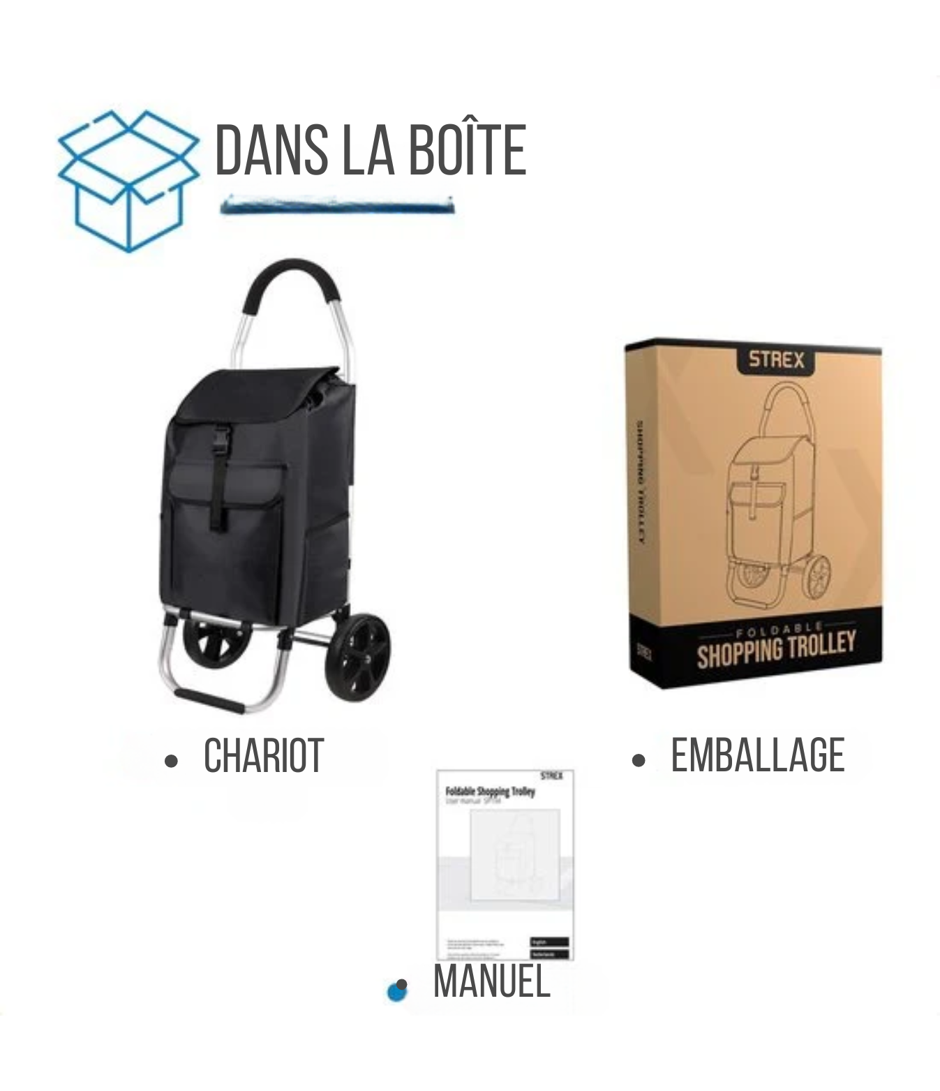 Chariot de courses - Strex - Pliable et à roulettes - Sac imperméable 45 L - Noir