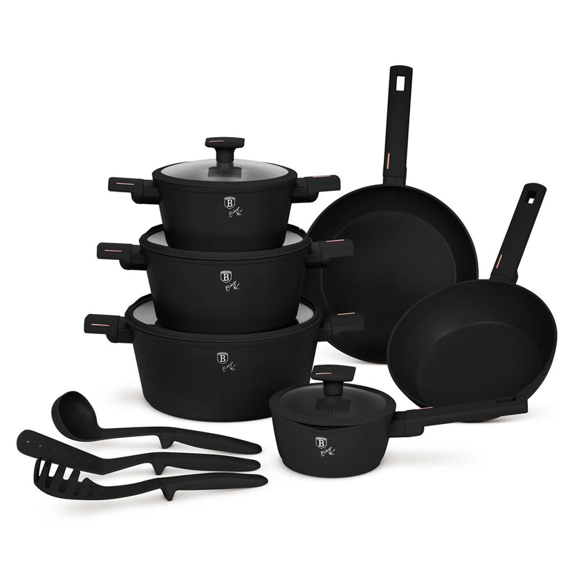Ensemble de casseroles Berlinger Haus 15 pièces en aluminium forgé - Noir et or rosé - Compatible induction