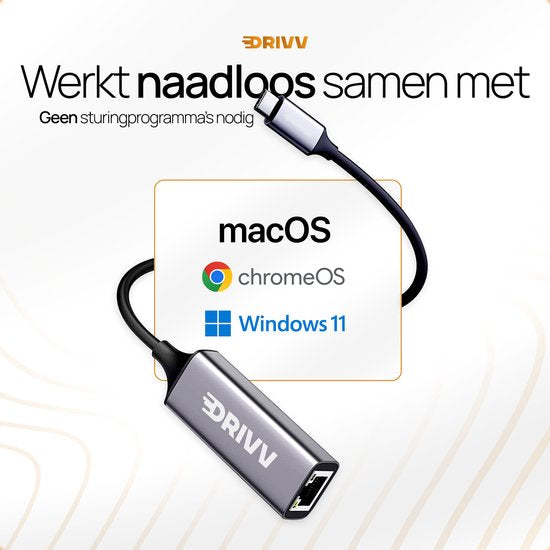 Drivv. Adaptateur USB-C vers Ethernet / Internet / Réseau - 10/100/1000 MBps - Gris