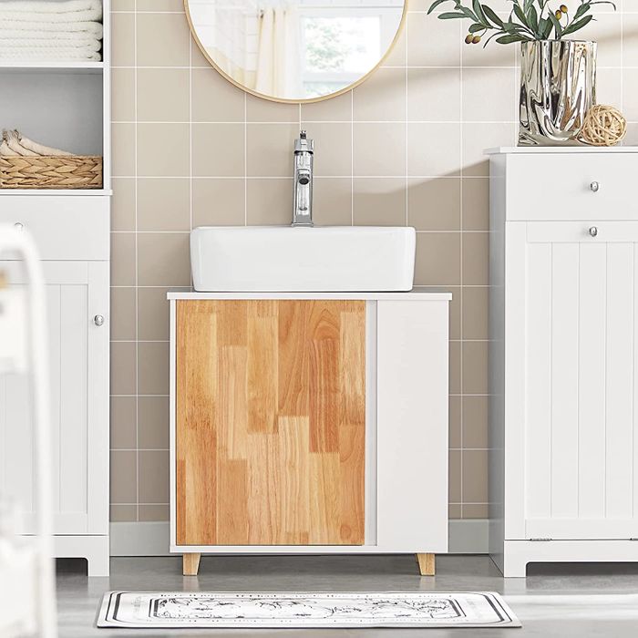 SoBuy - Meuble sous évier avec 1 porte et 2 compartiments latéraux - 60 x 30 x 60 cm - Max. 30KG - Blanc