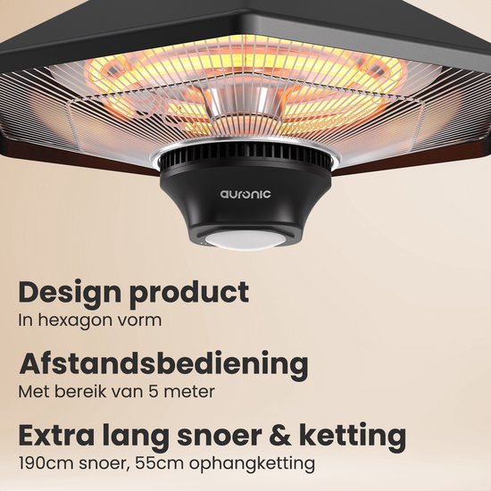 Auronic Terrace Heater - Chauffage infrarouge - Suspendu - 20m2 - Electrique - 2000W - Télécommande - 3 niveaux - Noir
