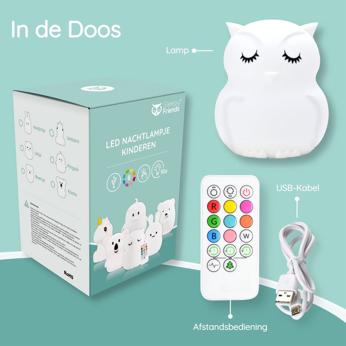 Veilleuse Sleepy Friends Children's Owl - Veilleuse Dimmable Bébé et Enfant - 8 Couleurs - Rechargeable par USB - Télécommande tactile - 95 x 97 x 100 mm - 169g