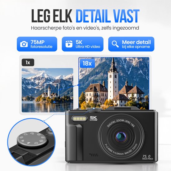 Appareil photo numérique Strex 5K 75 MP - Appareil photo - Appareil photo compact avec Wi-Fi - Appareil photo pour vlog - Appareil photo pour enfants - Zoom 18x - Écran orientable - Noir
