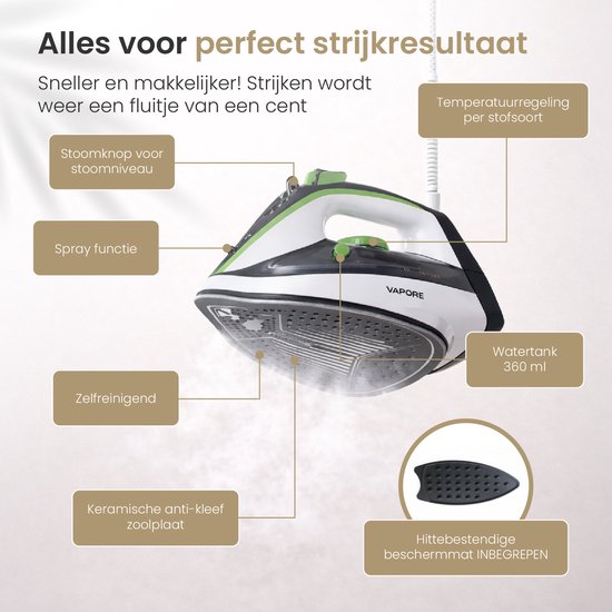 Vapore - Fer à vapeur 2400W - Semelle en céramique - Fer à repasser - 34g/min de vapeur - Anti-goutte - Fer à repasser - Autonettoyant - Tapis de repassage résistant à la chaleur inclus