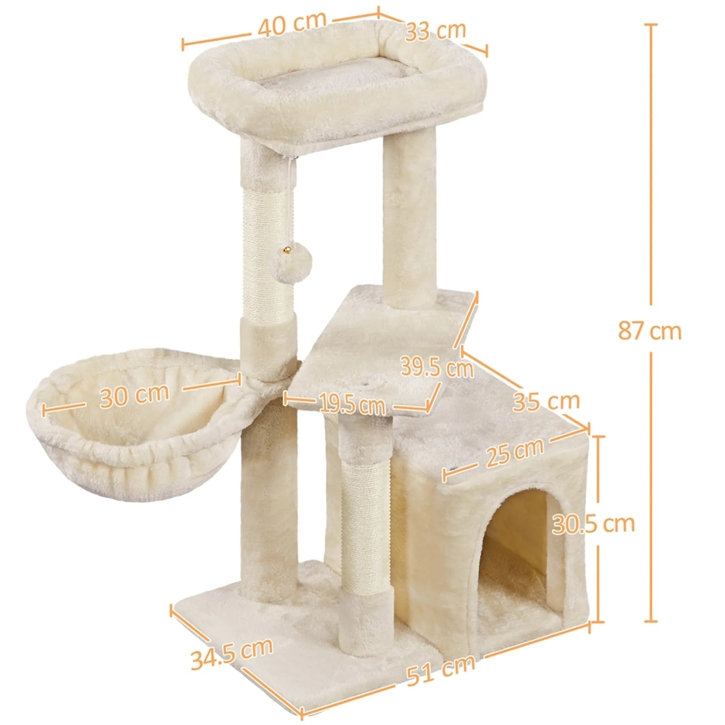 Yaheetech Scratch Post avec 3 niveaux - équipé de poteaux en sisal, d'un panier pour chat, d'un hamac et d'une balle en peluche amovible - pour les chats de petite et moyenne taille - panneau de particules E1 et peluche beige - 51 x 34,5 x 87 cm