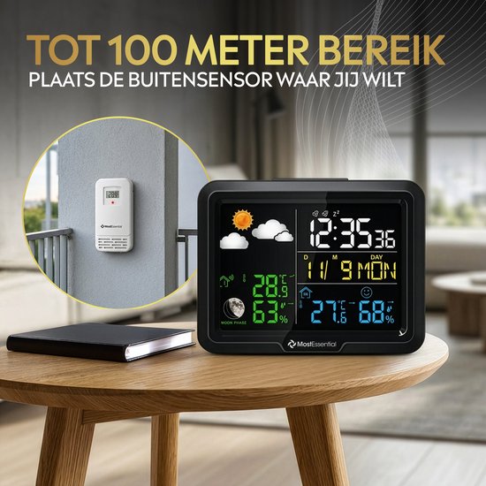 Station météo MostEssential Classic Edition - Installation Plug & Play - Sans fil - Station météo avec capteur extérieur - Hygromètre - Intérieur et extérieur - Portée de 100 mètres - 1 capteur