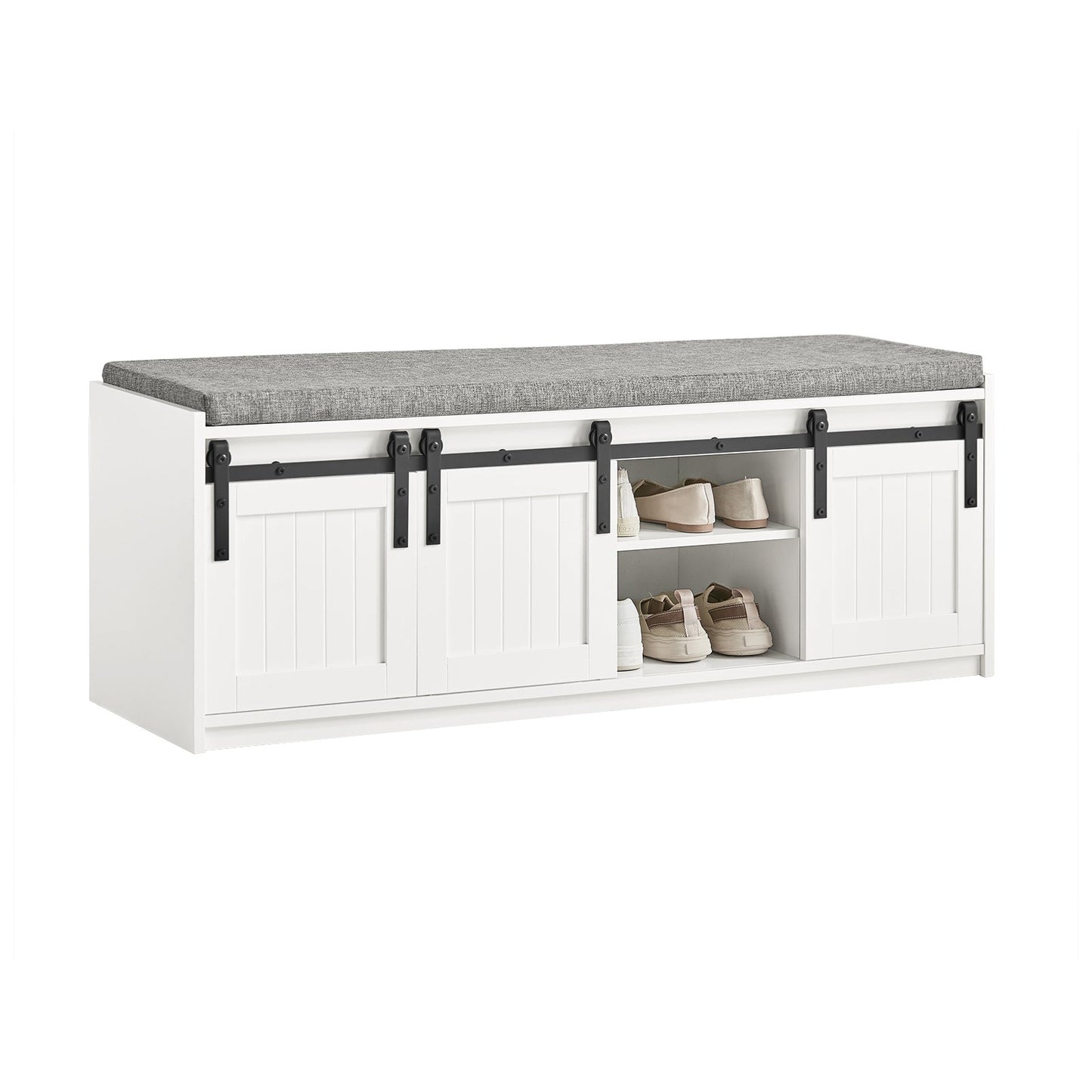 SoBuy FSR133-W Meuble à chaussures Meuble à chaussures Meuble d'entrée Meuble de rangement bas Meuble de rangement Meuble de rangement avec 1 coussin rembourré et 3 portes-fenêtres