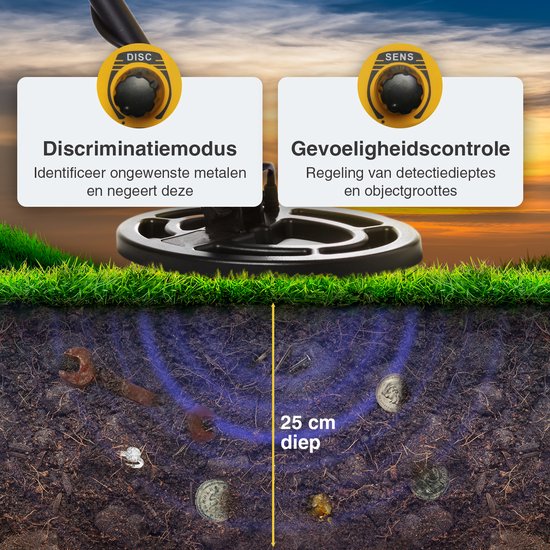 EarthVision Détecteur de métaux TerraWave - Pour enfants et adultes - Hauteur réglable - Etanche - Léger - Piles et pelle incluses