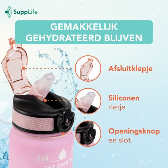 Gourde Supplife - 1 litre - avec paille - Motivation - Gourde de sport - Sans BPA - Rose Aqua