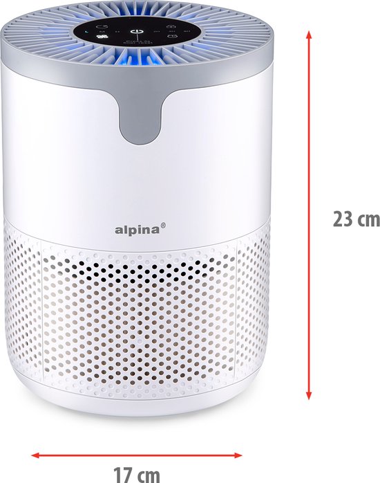 Purificateur d'air Alpina avec filtre HEPA H13 - Purificateur d'air avec ioniseur pour pièces de 5 à 10 m² - Débit d'air de 60 m³/h - Purificateur d'air à 3 vitesses - 230 V/12 W - Blanc