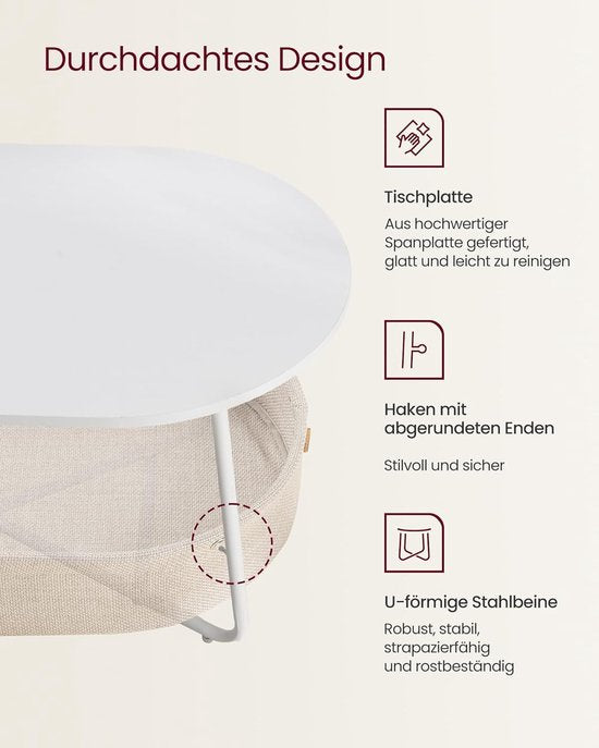 Furnstar - Table basse ovale - Table avec rangement - Table d'appoint - Table de salon avec panier en tissu - Design moderne - Structure en métal - Blanc mat Camel brown