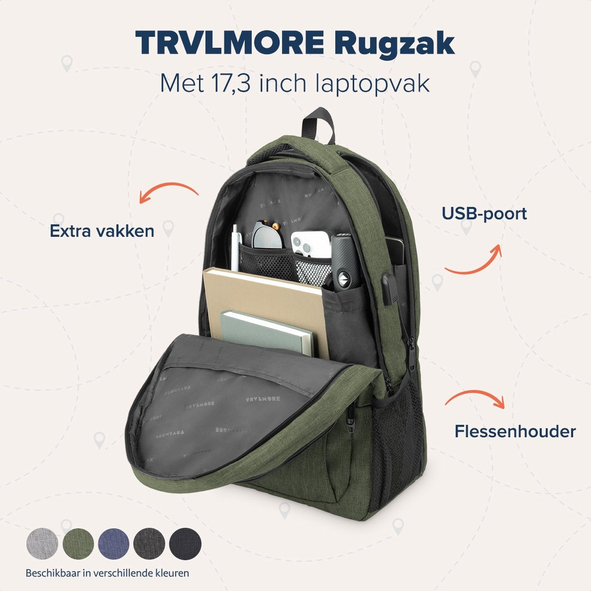 TRVLMORE Sac à dos - 36L - 17.3 inch - Sac à dos pour ordinateur portable - Sac d'école - Unisexe - Vert résistant aux éclaboussures