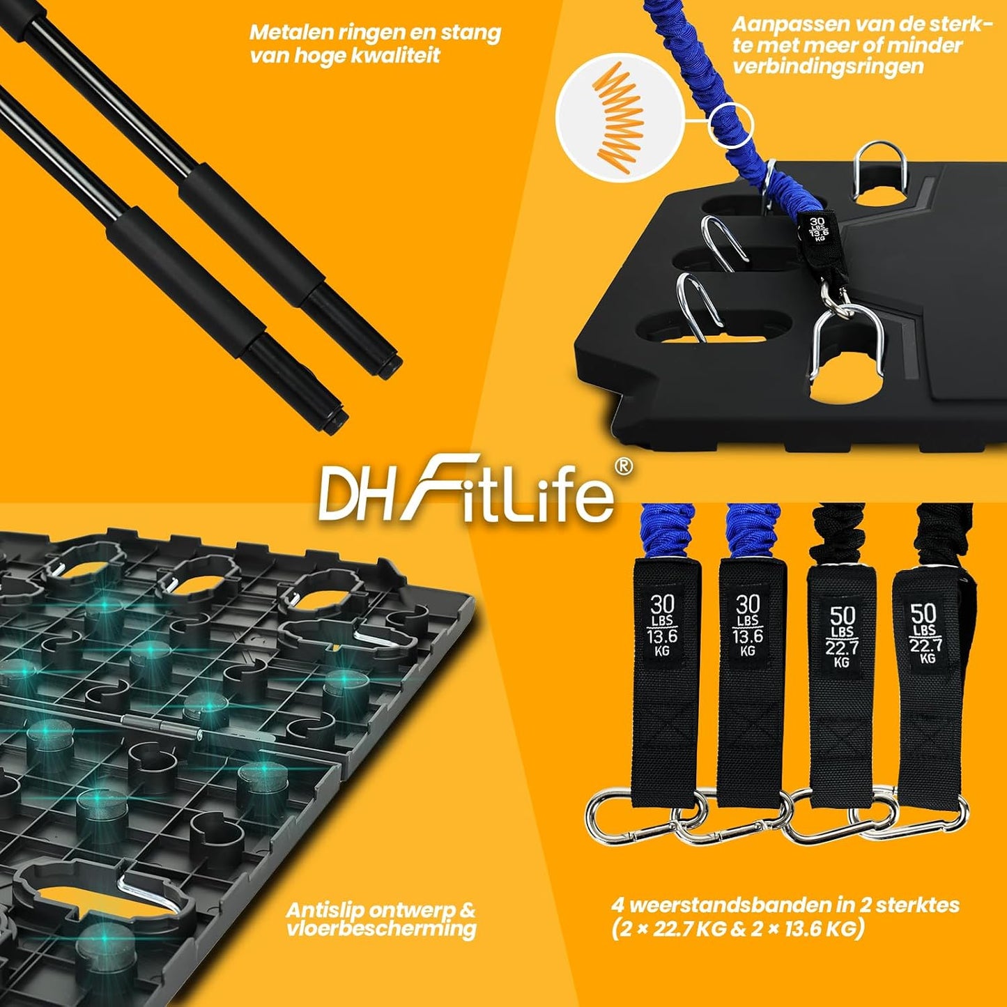Kit complet d'entraînement à domicile DH FitLife avec bandes de résistance - 86 x 50 x 2,5 cm - Noir