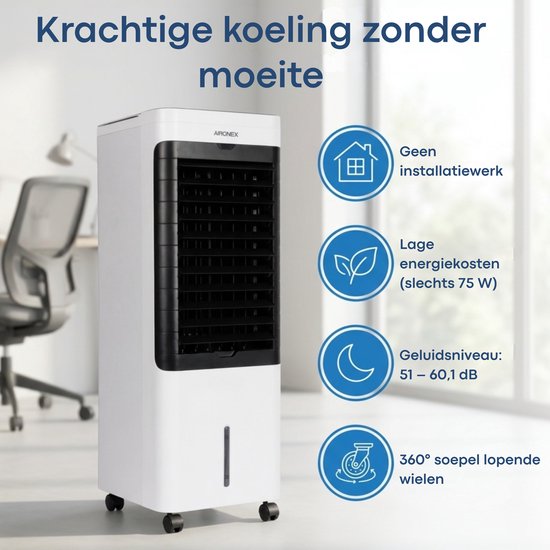 Aironex Aircooler / Refroidisseur d'air – Avec éléments de refroidissement, réservoir d'eau de 5 L, télécommande, minuterie et écran LED – Pour un rafraîchissement agréable – Ce n'est pas un climatiseur portable, mais une alternative efficace sans tuyau