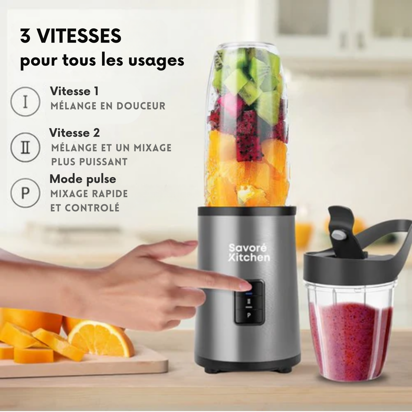 Blender NutriPower Pro - Savoré Kitchen - Blender à emporter - Mixeur à smoothie - 2 gobelets