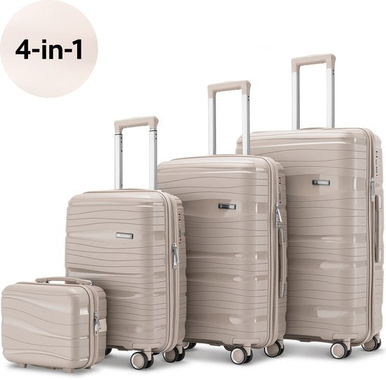 Ensemble de valises SKYCASES Travel One 4 pièces – Valises cabine et valises en soute – 32 L/60 L/98 L – Serrure à combinaison – Roulettes silencieuses à 360° – Légères et robustes – Design moderne – Beige