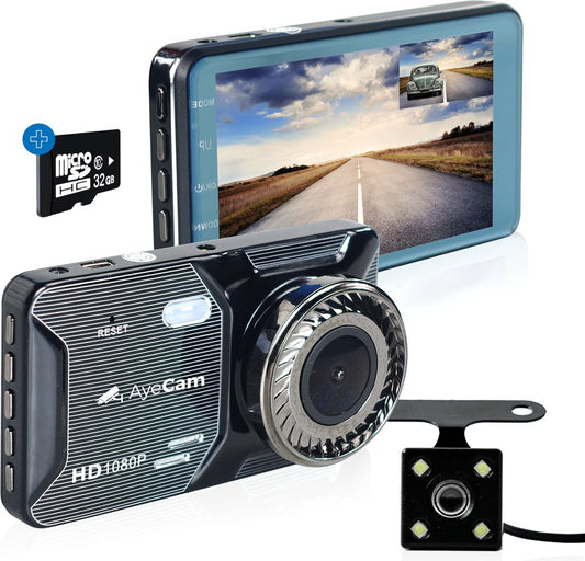AyeCam Dashcam Pro - Dashcam pour voiture avant et arrière - FULL HD & Vision nocturne - G-Sensor - Incl. 32GB SD