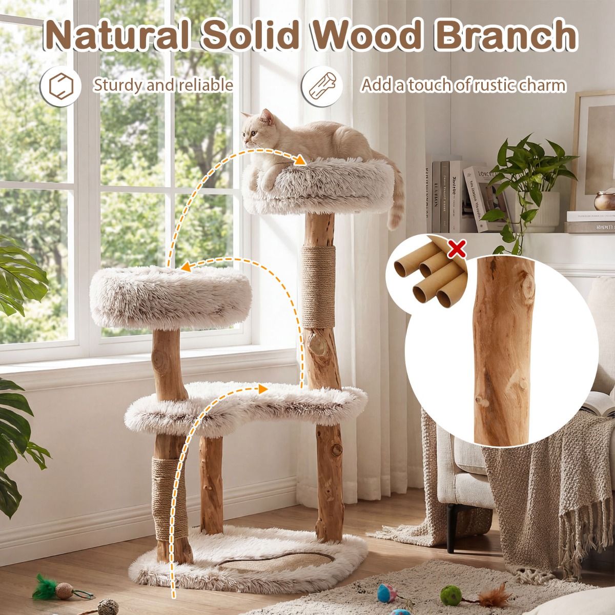Arbre à griffer Coast en bois massif - avec coussins en peluche - deux poteaux en jute - naturel et blanc - 48 x 48 x 101 cm