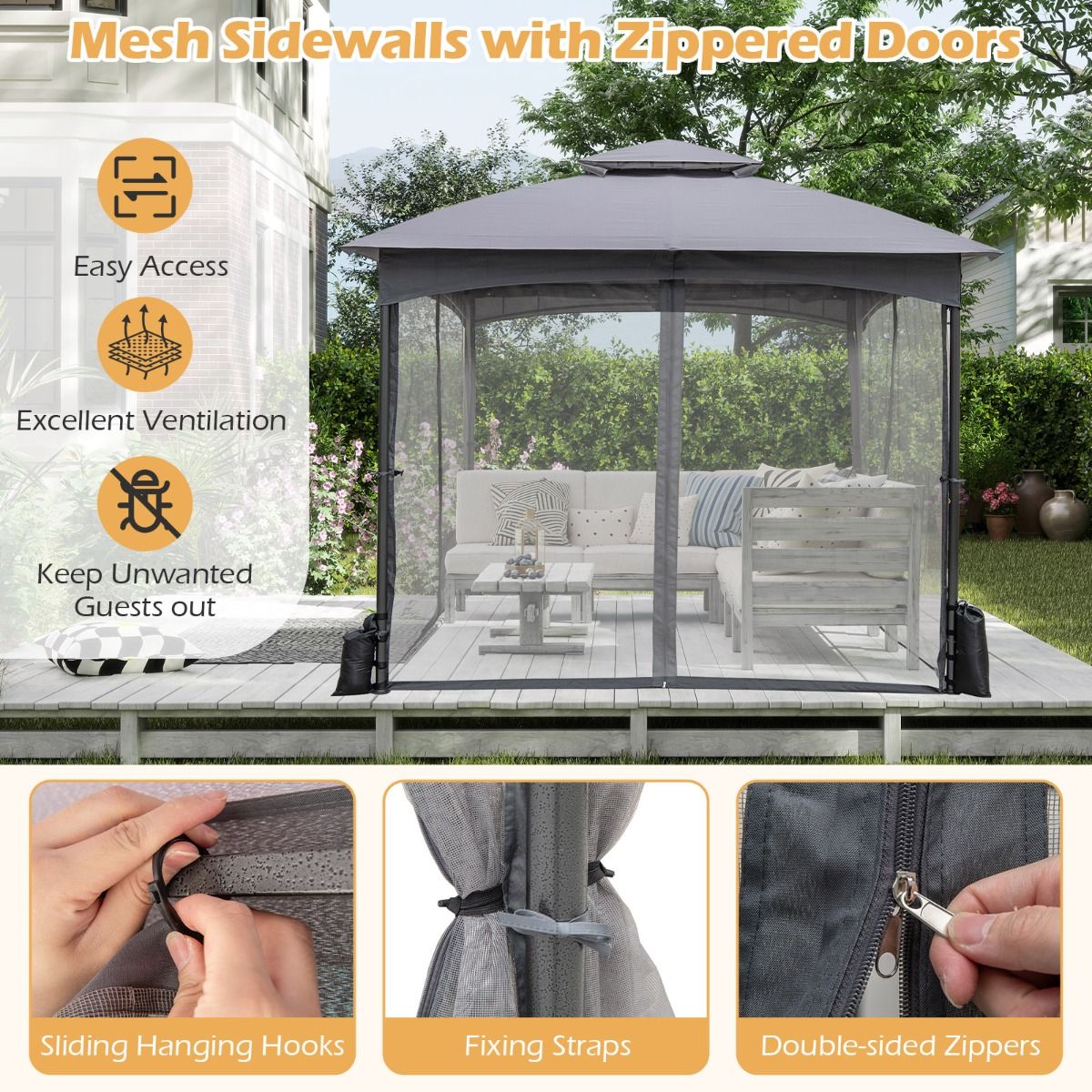 Pavillon de jardin Coast - double toit - moustiquaire - 3 x 3 m - kaki