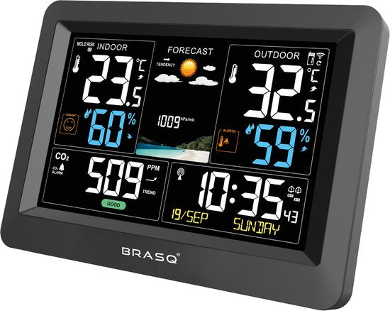 BRASQ Station météo intérieure et extérieure sans fil avec compteur de CO2 - Hygromètre - Avec capteur extérieur jusqu'à 60 mètres - Humidimètre - Thermomètre - Baromètre - piles incluses