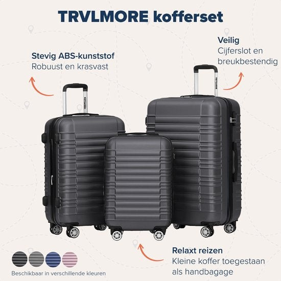 TRVLMORE Set de valises - 3 pièces - 38L (bagage à main) + 70L + 110L - Gris foncé