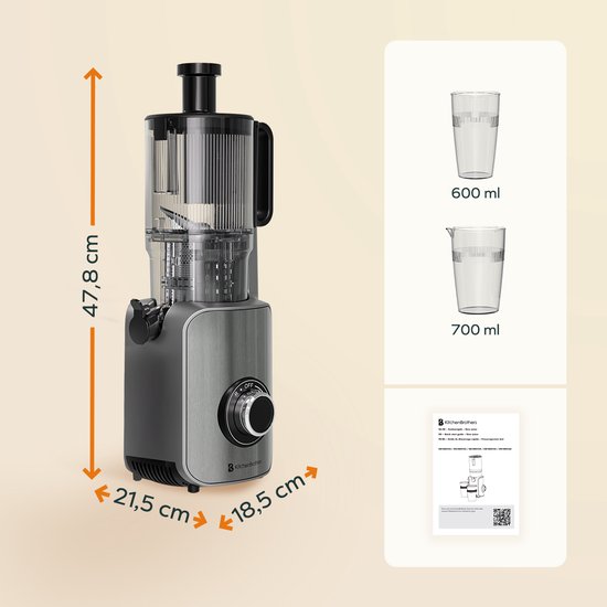 KitchenBrothers Slowjuicer - Vertical - Presse-agrumes - Presse-légumes et fruits - 126 mm - 750 ml - Gris
