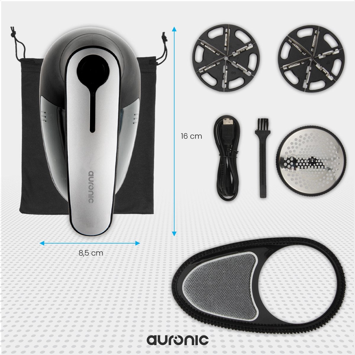 Rasoir anti-bouloche vêtements rechargeable USB Auronic Sans fil, 2 accessoires supplémentaires, Noir