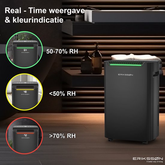 Déshumidificateur Dry Pro Plus d'Erikssøn - Déshumidifie jusqu'à 20 litres par jour - Fonction Lavage-Séchage - Convient pour la maison, la chambre, la salle de bain, le salon et le sous-sol - Déshumidificateur - Noir