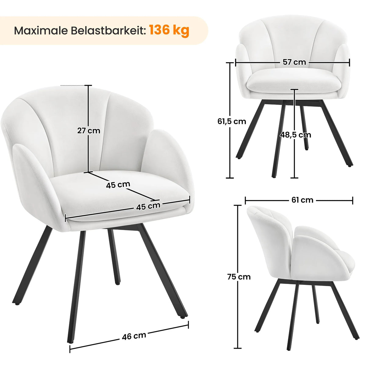 Yaheetech Swivel Chair Floral - Mécanisme de pivotement à 360°, coussin d'assise amovible et base en métal en forme de X - Pour chambre et bureau à domicile - Bouclé blanc et métal - 57 x 61 x 75 cm