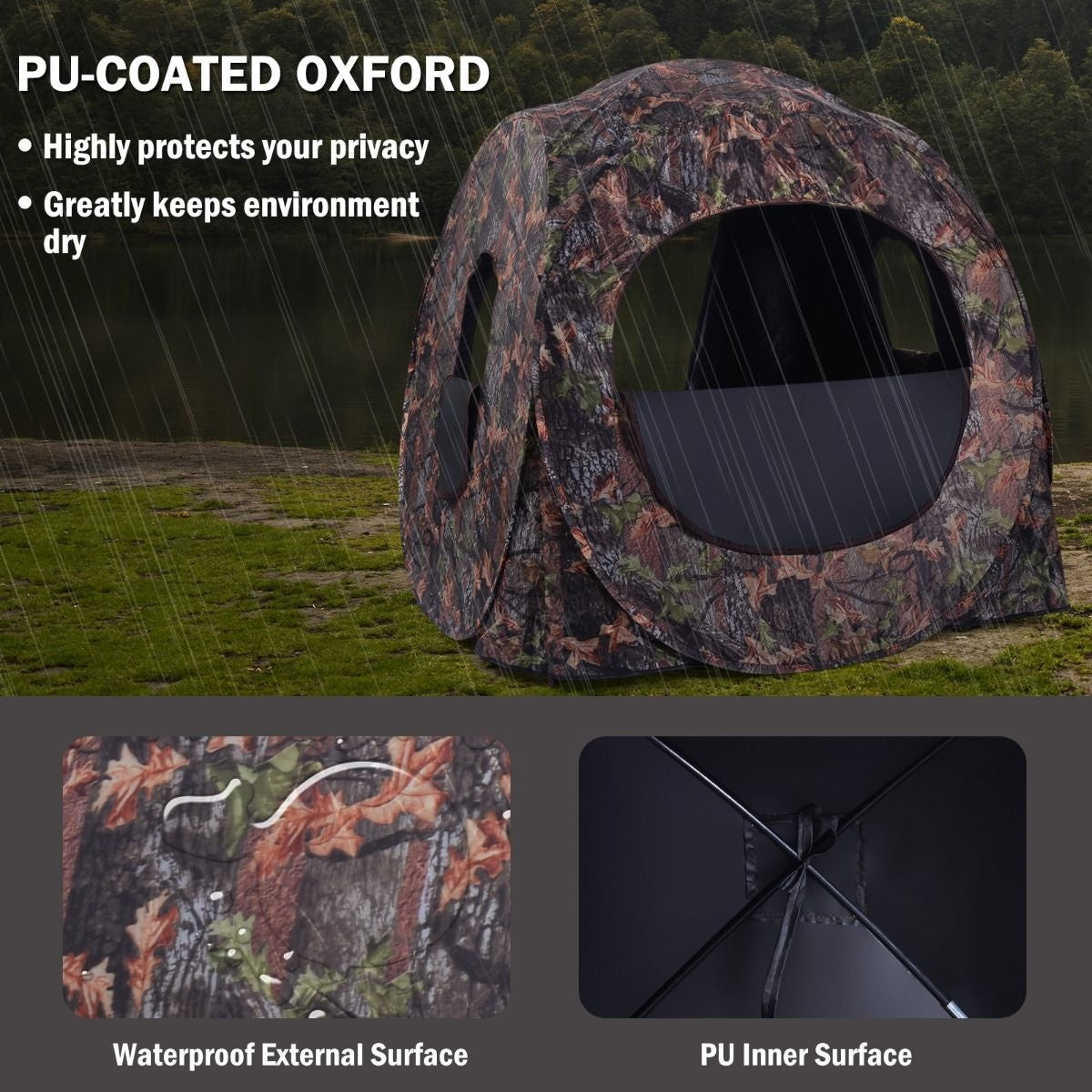 Cabane de chasse rétractable Coast pour 3 personnes Tente de chasse Cadre en acier Fenêtres en maille Sac de transport Sangles Piquets de sol Camouflage 152 x 152 x 163cm
