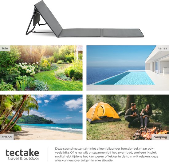 tectake® Beach Mat - Lot de 2 tapis de plage pliables avec dossier réglable, sangle de transport et compartiment de rangement - Idéal pour la plage, le camping ou le jardin - Léger et facile d'entretien - Gris