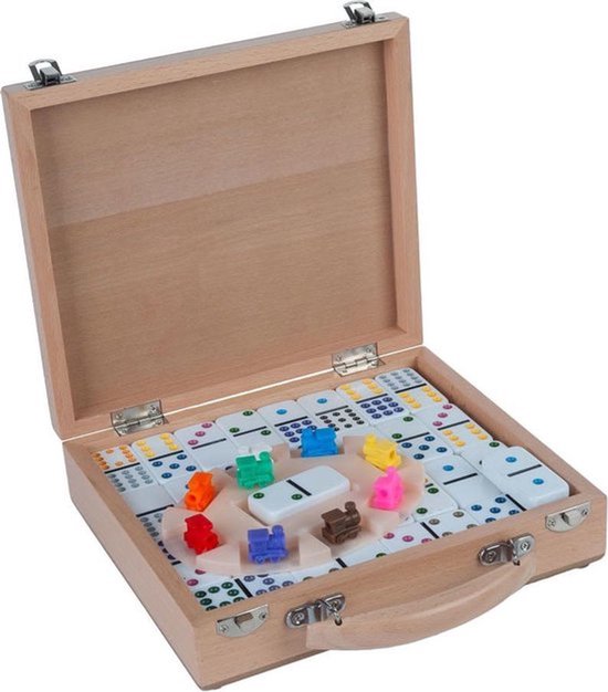 Domino Double 12 Mexican Train – 91 tuiles aux yeux colorés – Coffret en bois avec couvercle coulissant – Gare et trains inclus – Jeu de stratégie familial – Engelhart
