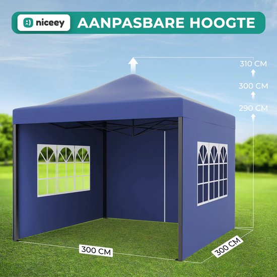 Niceey Party Tent - 3x3m - Pavillon - pliable et imperméable - Tente de réception avec parois latérales - Tente de jardin - Montage facile - Sac de transport à roulettes - Bleu foncé