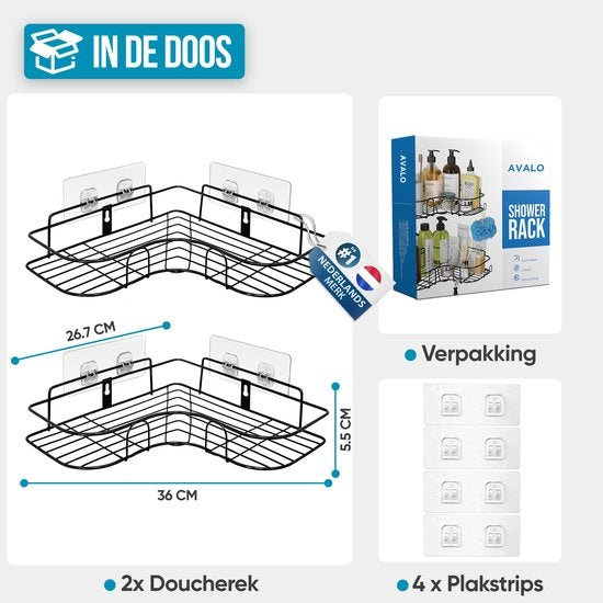 Avalo Support de douche d'angle - 2 pièces - Pas de perçage ni de vissage - Fixation par bande adhésive