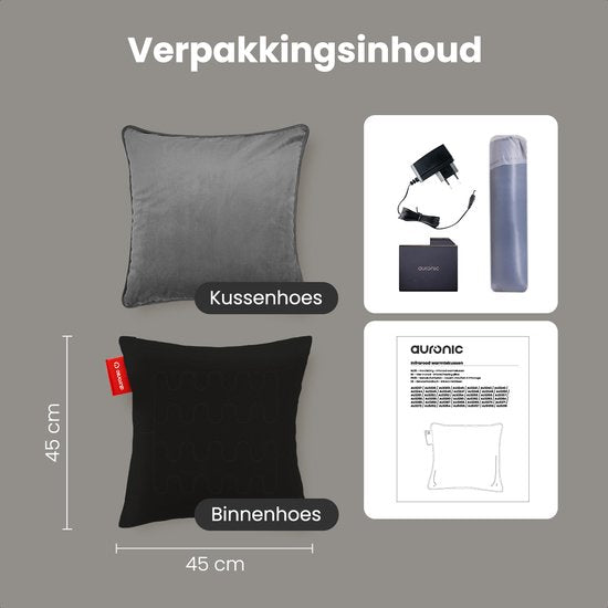 Auronic Heat Pillow - Velvet - 45x45 - Sans fil - Rechargeable - Oreiller électrique - Infrarouge - Gris