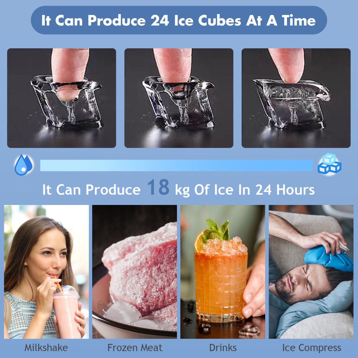 Coast Countertop Ice Maker - 26x36x38 cm - Silver - Machine à glaçons électrique avec auto-nettoyage, 18KG/24h, 24 glaçons carrés par 15 min