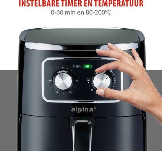 alpina Airfryer 4.5L- Friteuse à air chaud pour 3 à 4 personnes - Friteuse à air avec température réglable de 80°C à 200°C - Minuterie jusqu'à 60 minutes - Friteuse à air chaud 1450W - Noir