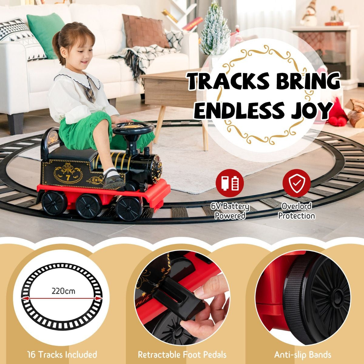 Coast 6V Tirette électrique pour enfants avec 16 rails pour les enfants de 3 ans Schwarz
