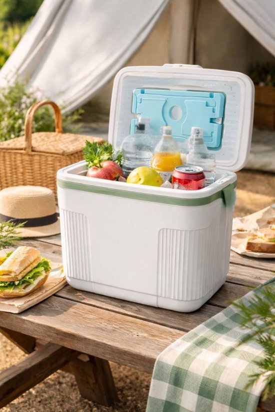 Glacière Ceruzo 10 L – Compacte – Élément réfrigérant intégré au couvercle – Glacière de camping – Blanc et vert