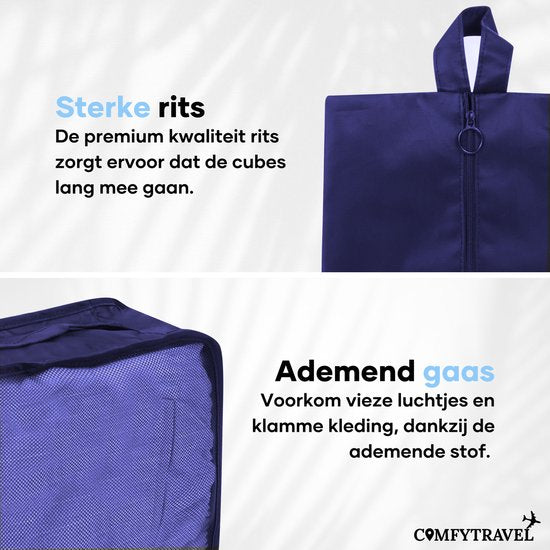 Comfytravel Packing Cubes Set - Organisateur de voyage pour valise / sac à dos - Accessoires de voyage - Imperméable / 8 pièces - Bleu foncé