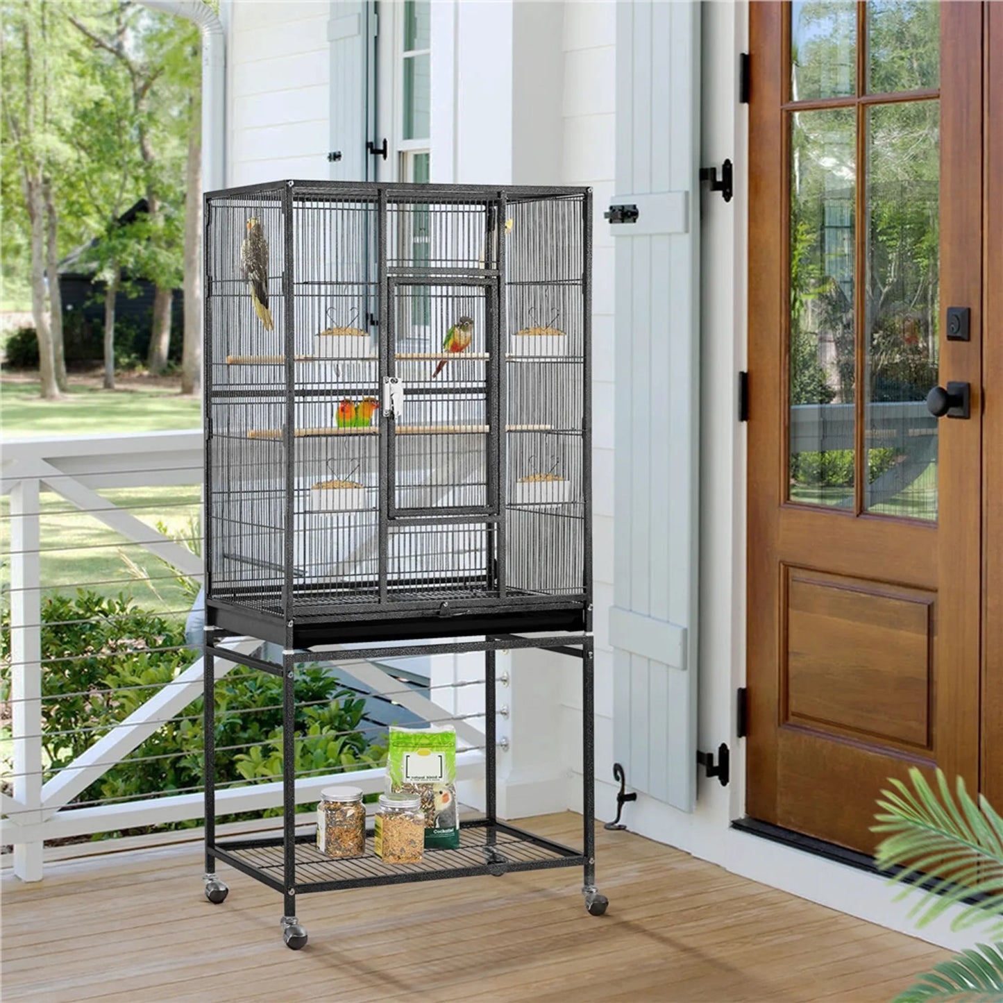Yaheetech Cage à oiseaux avec base mobile - Avec tiroir amovible et étagère de rangement supplémentaire et 4 mangeoires - Pour perruches, pinsons et canaris - Métal noir peint par poudrage - 61 x 43 x 136 cm