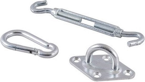 Accessoires d'ambiance pour toile d'ombrage - Mousqueton/écrou de tension/plaque avec œil