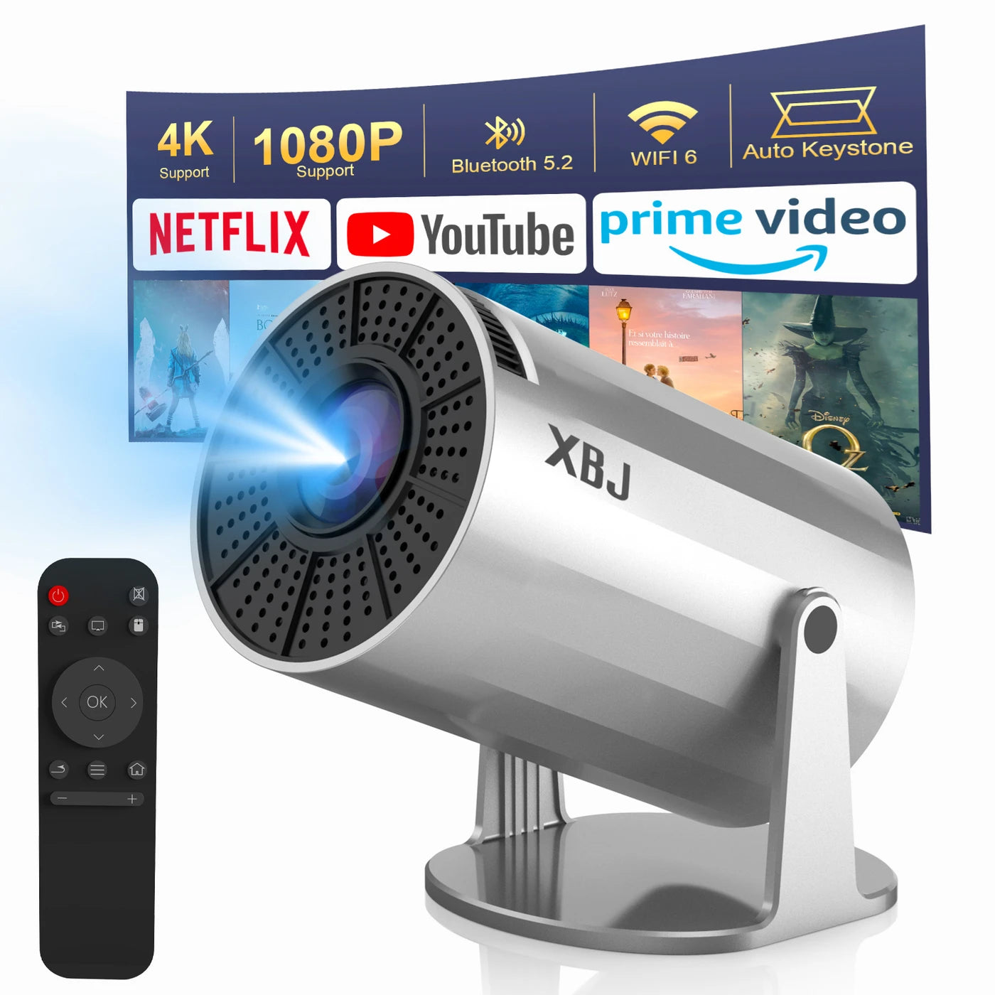 Mini-projecteur portable XBJ, couleur argent, 14 x 12 x 21,8 cm - Wi-Fi 6 et Bluetooth 5.2 - Android 11 - Décodage 1080p et 4K - Orientable à 180° - 200 lumens ANSI