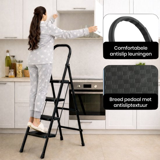ToolX Household Ladders - Kitchen Ladders - Steel- 4 treads- Foldable - Anti-slip - Foldable - Black