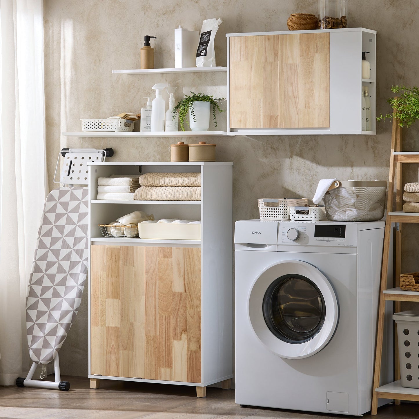 SoBuy BZR143-WN Meuble de salle de bains avec lavabo amovible, 3 plateaux de rangement et panier à linge - Blanc, 64x33x110 cm