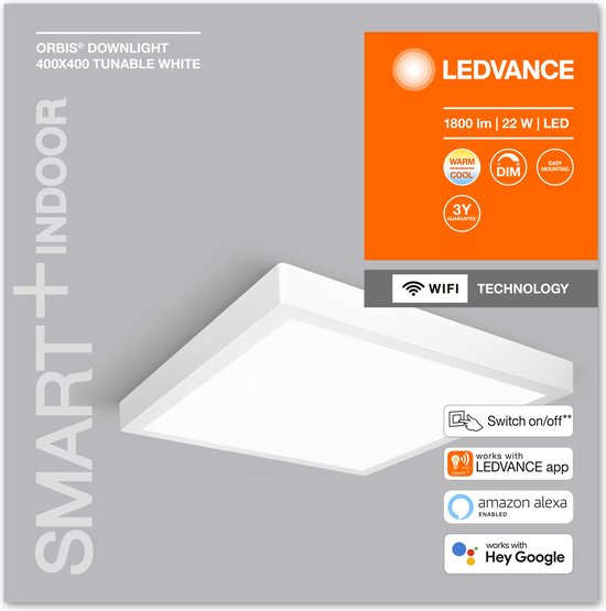 LEDVANCE Luminaire : pour plafond, SMART SURFACE DOWNLIGHT TW / 22 W, 22-...24- V, angle de rayonnement : 11-, Tunable White, 3-65- K, matériau du corps : aluminium, IP2-