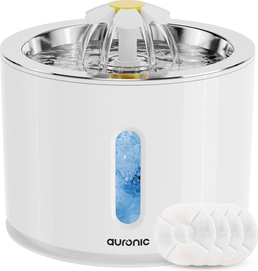 Abreuvoir Auronic - Fontaine à eau pour chats et chiens - 2.4L - Abreuvoir pour animaux - 4 filtres et 2 brosses inclus - Blanc