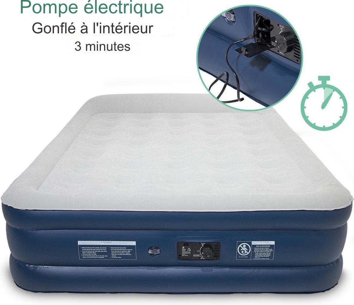 Lit gonflable LifeGoods - 2 personnes - Avec pompe intégrée - Sac de transport et kit de réparation inclus - Bleu